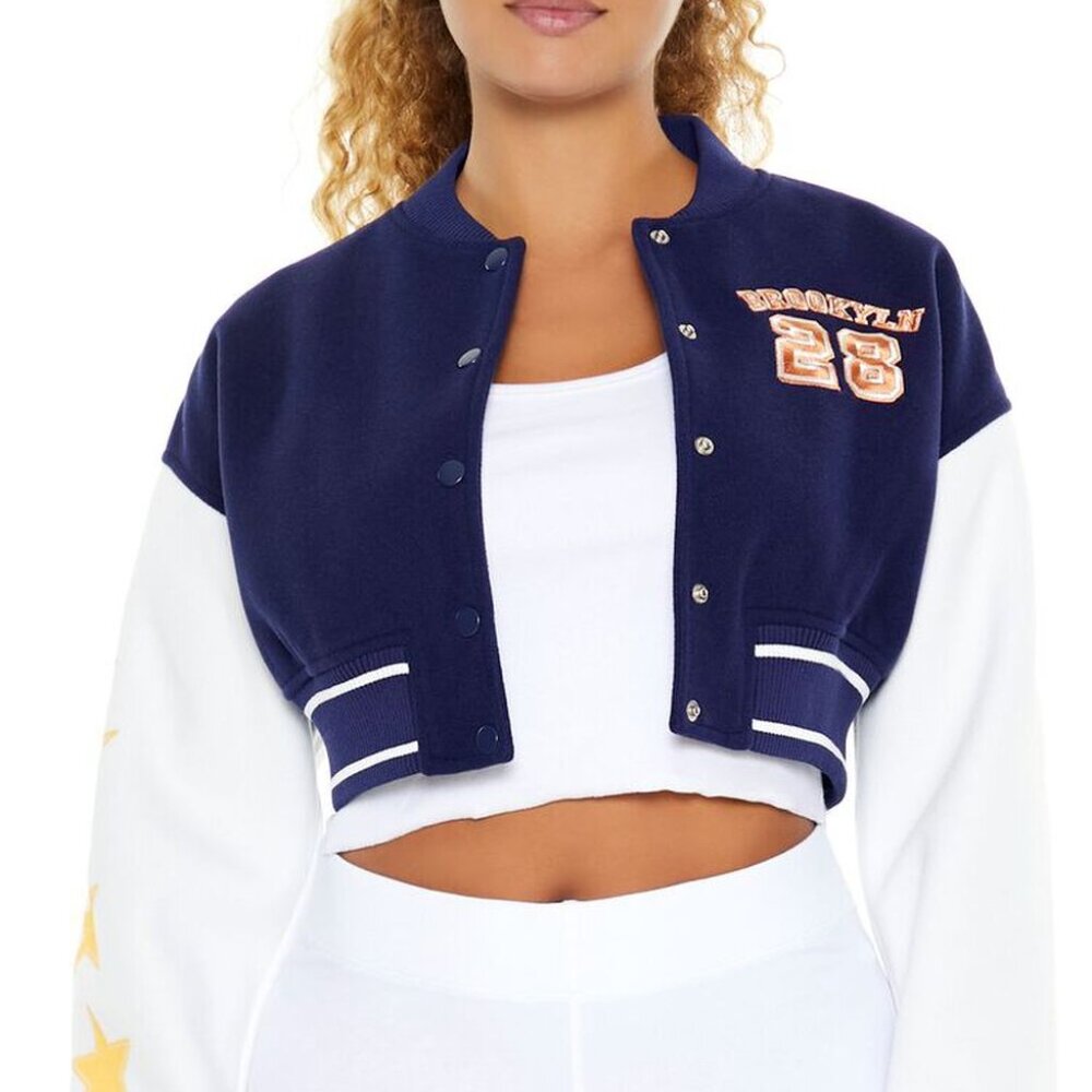 Varsity NY Crop Letterman Bomber Jacket Colorblock Blue White Gold  FOREVER 21